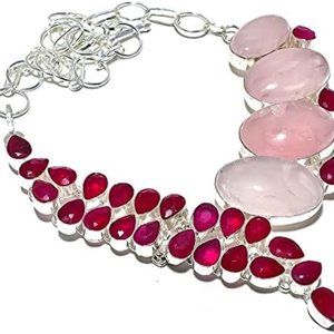 Top Rose Quartz, Ruby Gemstone Handmade German Silver Jewelry Necklace Size 18"